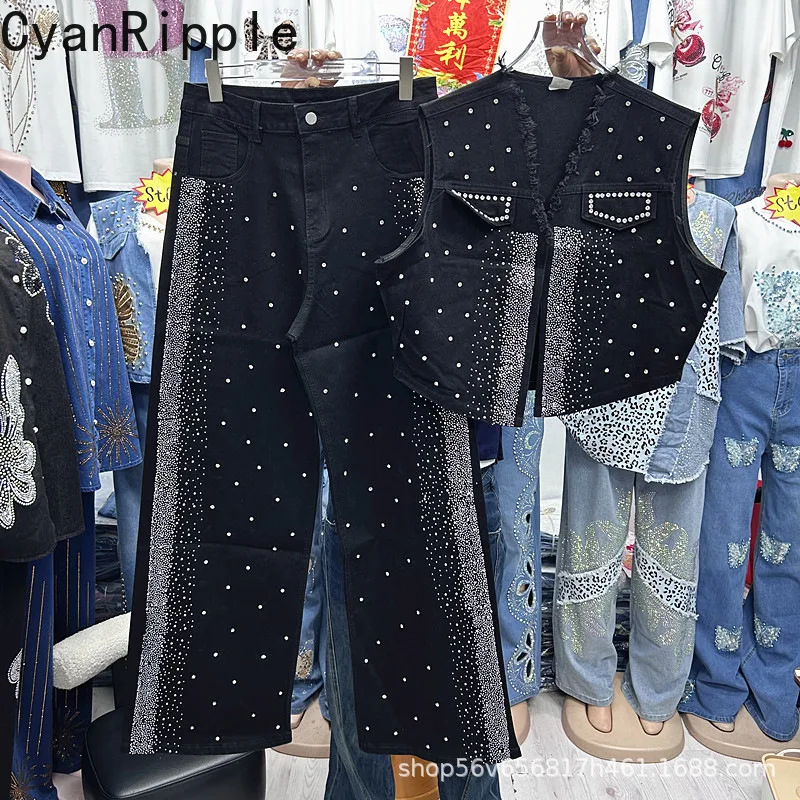 Trendy Female Black Denim Sets Hot Diamonds V-neck Sleeveless Vest Coat + Fashionable High Waist Wide Leg Casual Denim Pants
Trendy Female Black Denim Sets Hot Diamonds V-neck Sleeveless Vest Coat + Fashionable High Waist Wide Leg Casual Denim Pants