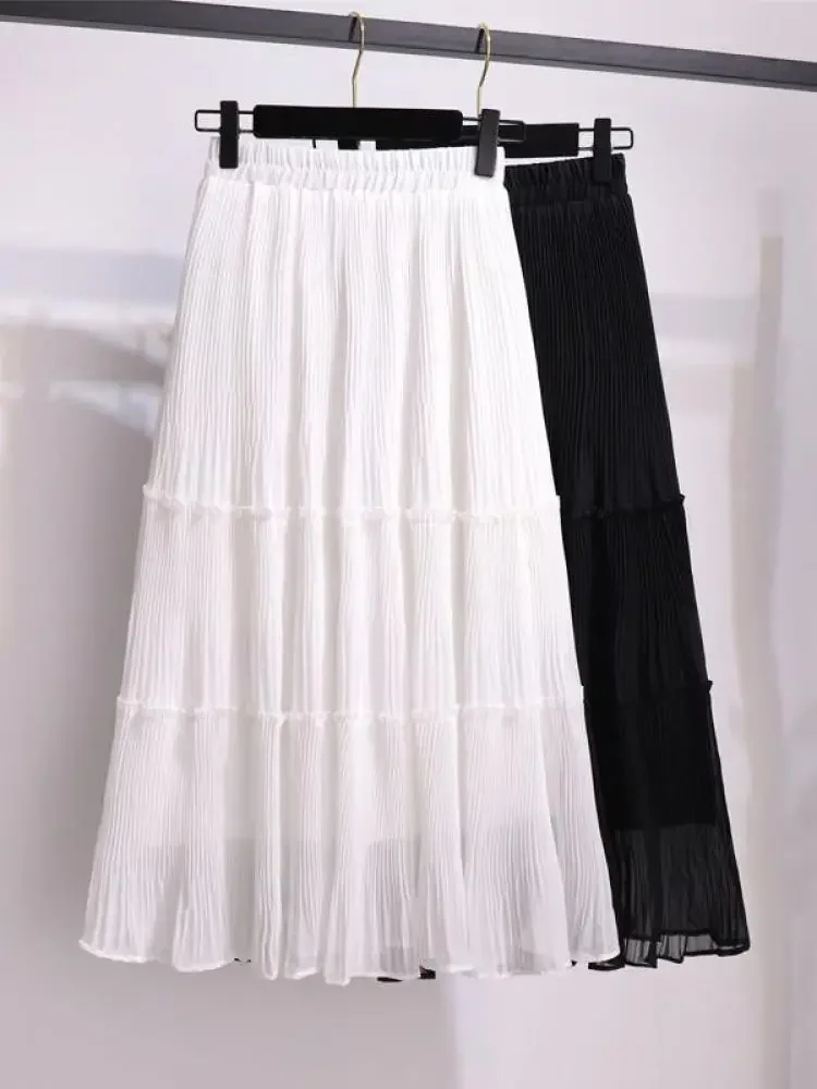 Women Solid Chiffon Pleated Skirts Vintage High Waist Elastic White Black Chic Long Cake A-line Student Skirt Simple Boho P321
Women Solid Chiffon Pleated Skirts Vintage High Waist Elastic White Black Chic Long Cake A-line Student Skirt Simple Boho P321