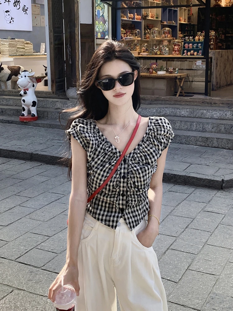 Retro Bla White Plaid Svel irt Women's Summer New Design Slim Fit ort V Ne Slimming ort Top Korean Sle
Retro Bla White Plaid Svel irt Women's Summer New Design Slim Fit ort V Ne Slimming ort Top Korean Sle