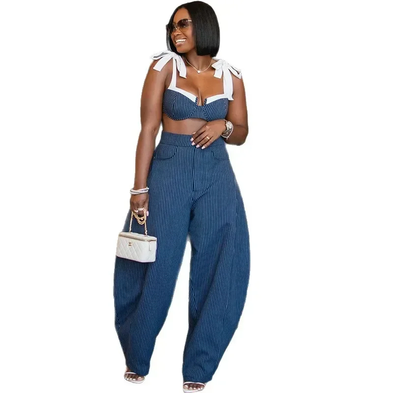European and American Women's Clothing 2026 Autumn New Fashionable and Sexy Splicing Shoulder Strap Waist Wide-leg Pants Set
European and American Women's Clothing 2026 Autumn New Fashionable and Sexy Splicing Shoulder Strap Waist Wide-leg Pants Set