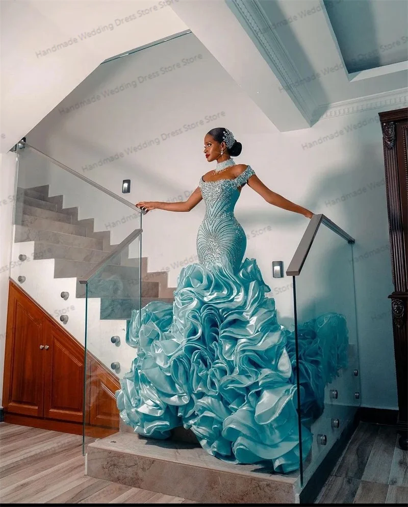 Blue Princess Crystals Prom Dress Sexy Off Shoulder Sleeveless Ruffles Tiered Bridal Evening Gown Customized Garden Long Robe
Blue Princess Crystals Prom Dress Sexy Off Shoulder Sleeveless Ruffles Tiered Bridal Evening Gown Customized Garden Long Robe