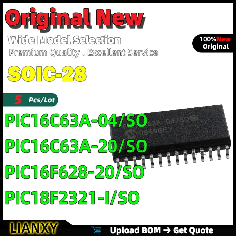 5pcs SOIC-28 PIC16C63A-04/SO PIC16C63A-20/SO PIC16F628-20/SO PIC18F2321-I/SO 8-Bit Microcontroller New Original
5pcs SOIC-28 PIC16C63A-04/SO PIC16C63A-20/SO PIC16F628-20/SO PIC18F2321-I/SO 8-Bit Microcontroller New Original