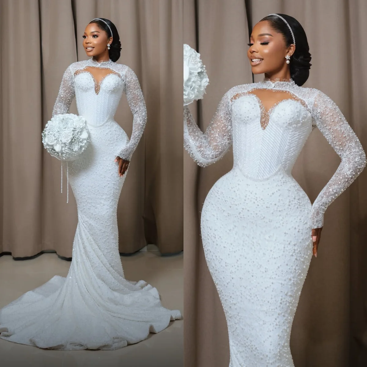 Elegant High Collar Long Sleeve Mermaid Wedding Dress Sparkling Water Diamond Phantom Hollow Bride Dress Customized
Elegant High Collar Long Sleeve Mermaid Wedding Dress Sparkling Water Diamond Phantom Hollow Bride Dress Customized