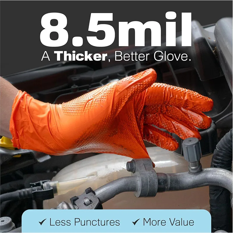 Heavy Orange Disposable Nitrile Gloves 8.5 Mil Extra Thick Powder-Free Puncture Resistant Diamond Texture Industrial Work Gloves
Heavy Orange Disposable Nitrile Gloves 8.5 Mil Extra Thick Powder-Free Puncture Resistant Diamond Texture Industrial Work Gloves