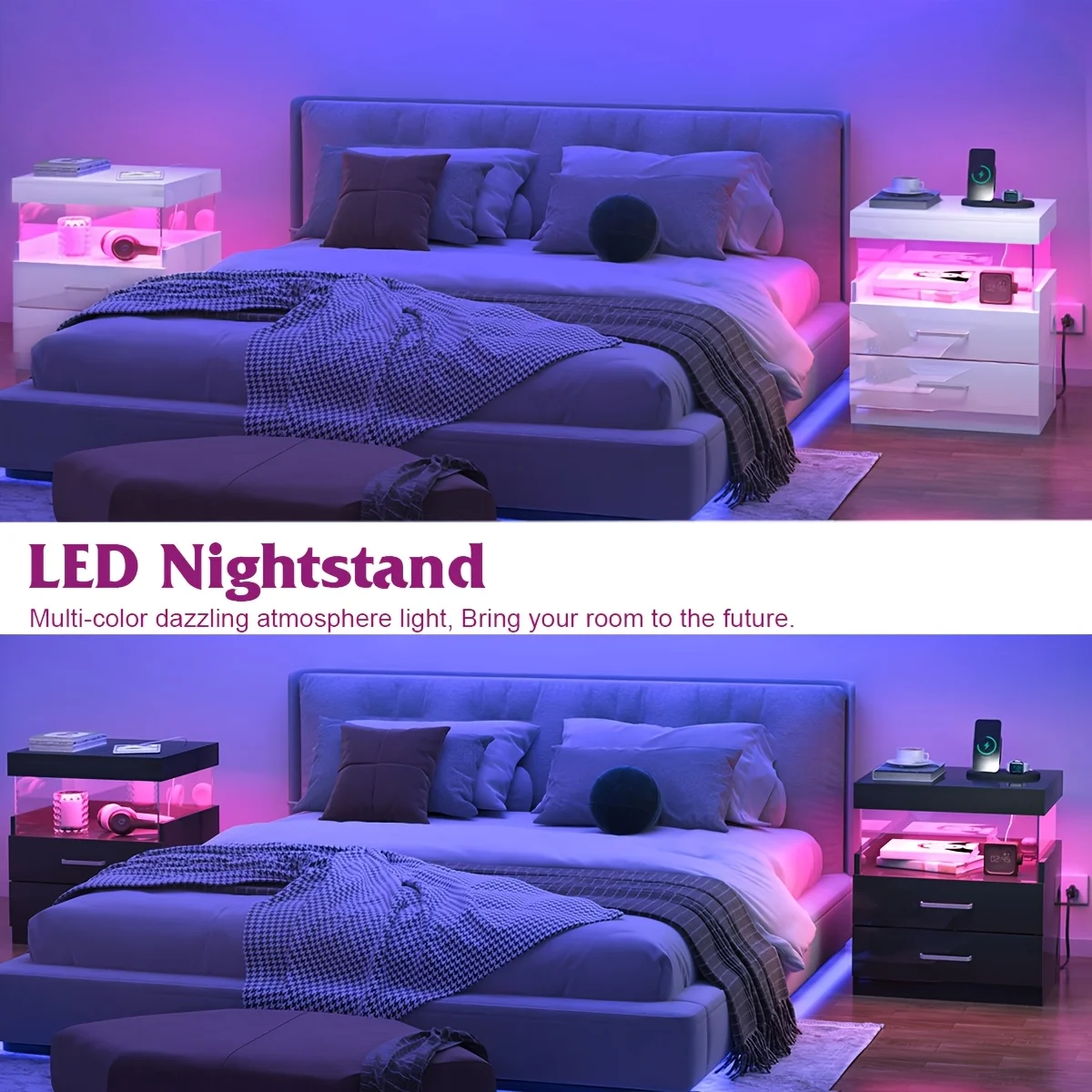 Nightstand with Charging Station, Modern Night Stand Set of 2 with USB Ports and Outlets, High Gloss Nightstands with Adjustable LED Lights & 2 Storage Drawers, Wood End Table for Living Room, Bedroom, White/Black, 1pc or 2pcs
Nightstand with Charging Station, Modern Night Stand Set of 2 with USB Ports and Outlets, High Gloss Nightstands with Adjustable LED Lights & 2 Storage Drawers, Wood End Table for Living Room, Bedroom, White/Black, 1pc or 2pcs