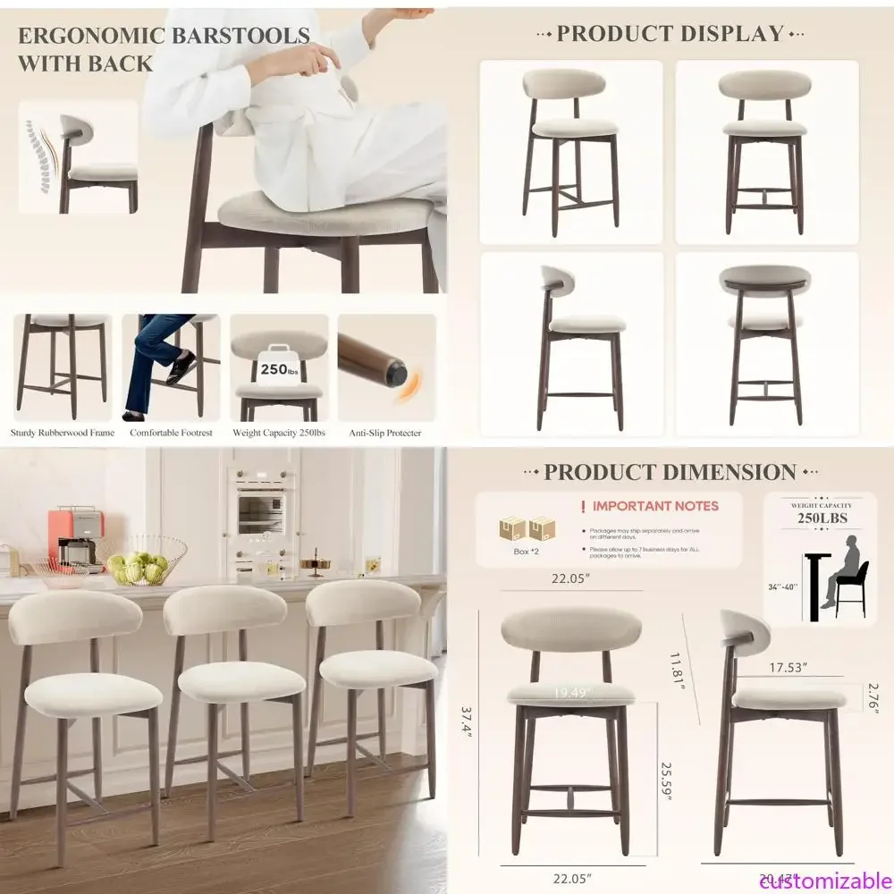 Mid Century Modern Upholstered Bar Stools Set of 3, Counter Height Chairs with Backs and Wood Legs for Kitchen Use
Mid Century Modern Upholstered Bar Stools Set of 3, Counter Height Chairs with Backs and Wood Legs for Kitchen Use