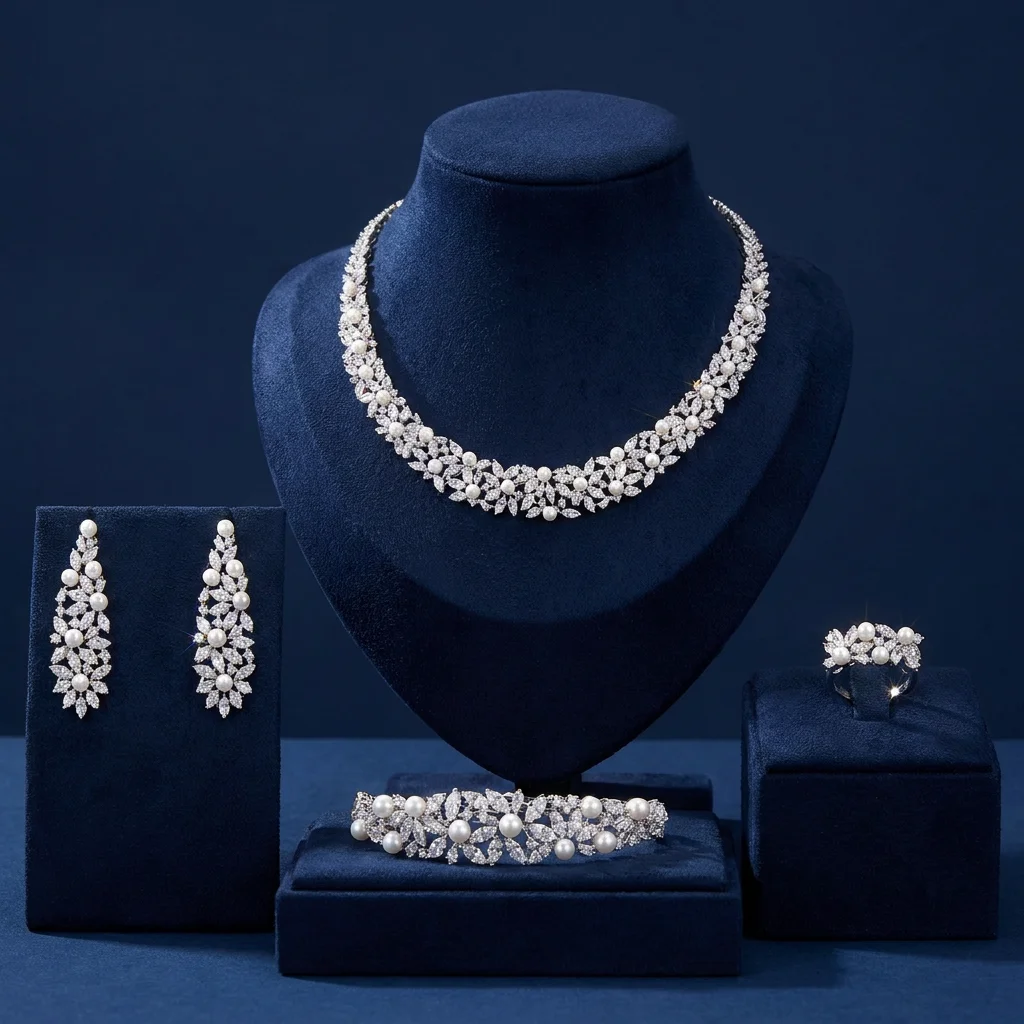 Bride Talk Pearl Bridal Jewelry Set 4PCS Floral Leaf CZ Zirconia Necklace Set for Women Dubai Wedding Party Gift
Bride Talk Pearl Bridal Jewelry Set 4PCS Floral Leaf CZ Zirconia Necklace Set for Women Dubai Wedding Party Gift
