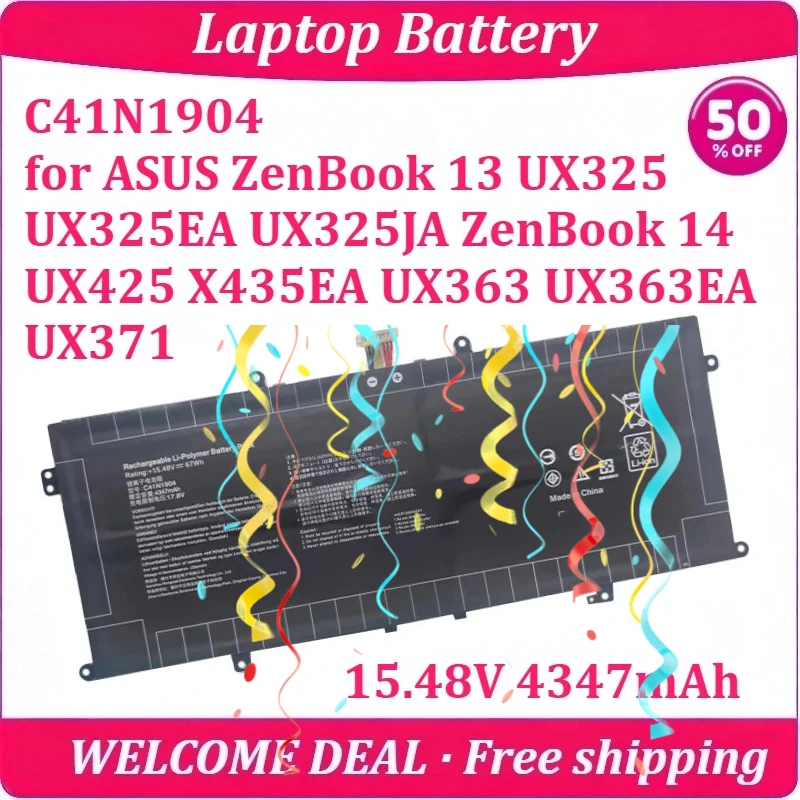 New C41N1904 for ASUS ZenBook 13 UX325 UX325EA UX325JA ZenBook 14 UX425 X435EA UX363 UX363EA UX371 Laptop Battery 15.48V 4347mAh
New C41N1904 for ASUS ZenBook 13 UX325 UX325EA UX325JA ZenBook 14 UX425 X435EA UX363 UX363EA UX371 Laptop Battery 15.48V 4347mAh