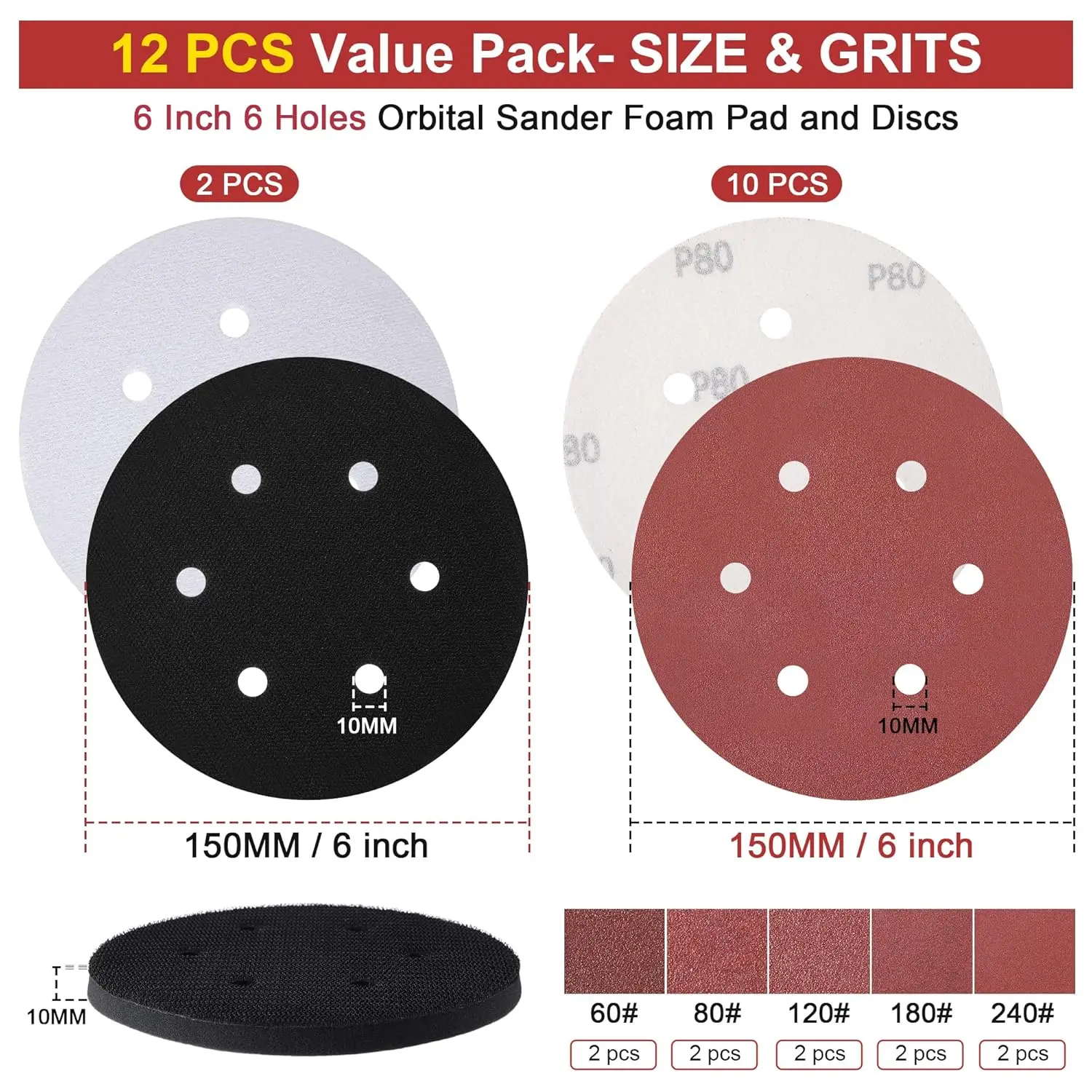 12Pcs 6 Inch 6 Holes Sandpaper Set 40-2000 Grit Thickened Buffer Cushion Backing Pad with Sanding Discs for Random Orbital Sande
12Pcs 6 Inch 6 Holes Sandpaper Set 40-2000 Grit Thickened Buffer Cushion Backing Pad with Sanding Discs for Random Orbital Sande