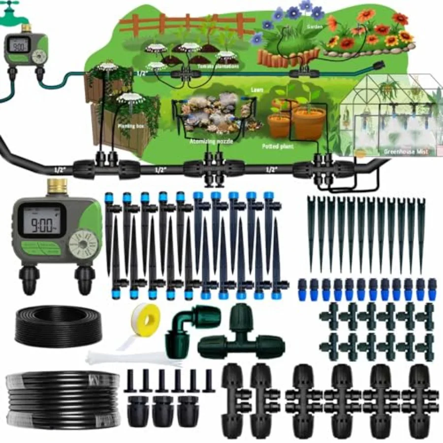 Garden drip irrigation system with water timer: 1/2-inch 32-ft and 1/4-inch 136-ft hoses 2-zone setup high-pressure compatible
Garden drip irrigation system with water timer: 1/2-inch 32-ft and 1/4-inch 136-ft hoses 2-zone setup high-pressure compatible
