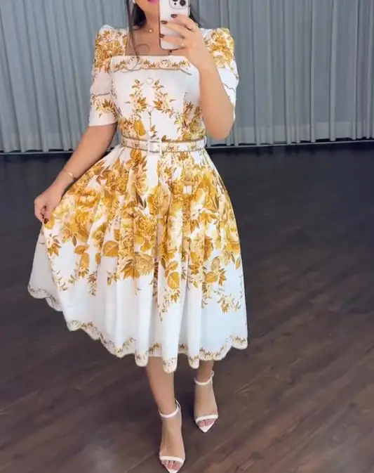 Womens Dresses 2026 New Floral Print Square Neck Puff Sleeve Dress Heart Button Decor Cinched Waist Vacation Dress with Belt
Womens Dresses 2026 New Floral Print Square Neck Puff Sleeve Dress Heart Button Decor Cinched Waist Vacation Dress with Belt