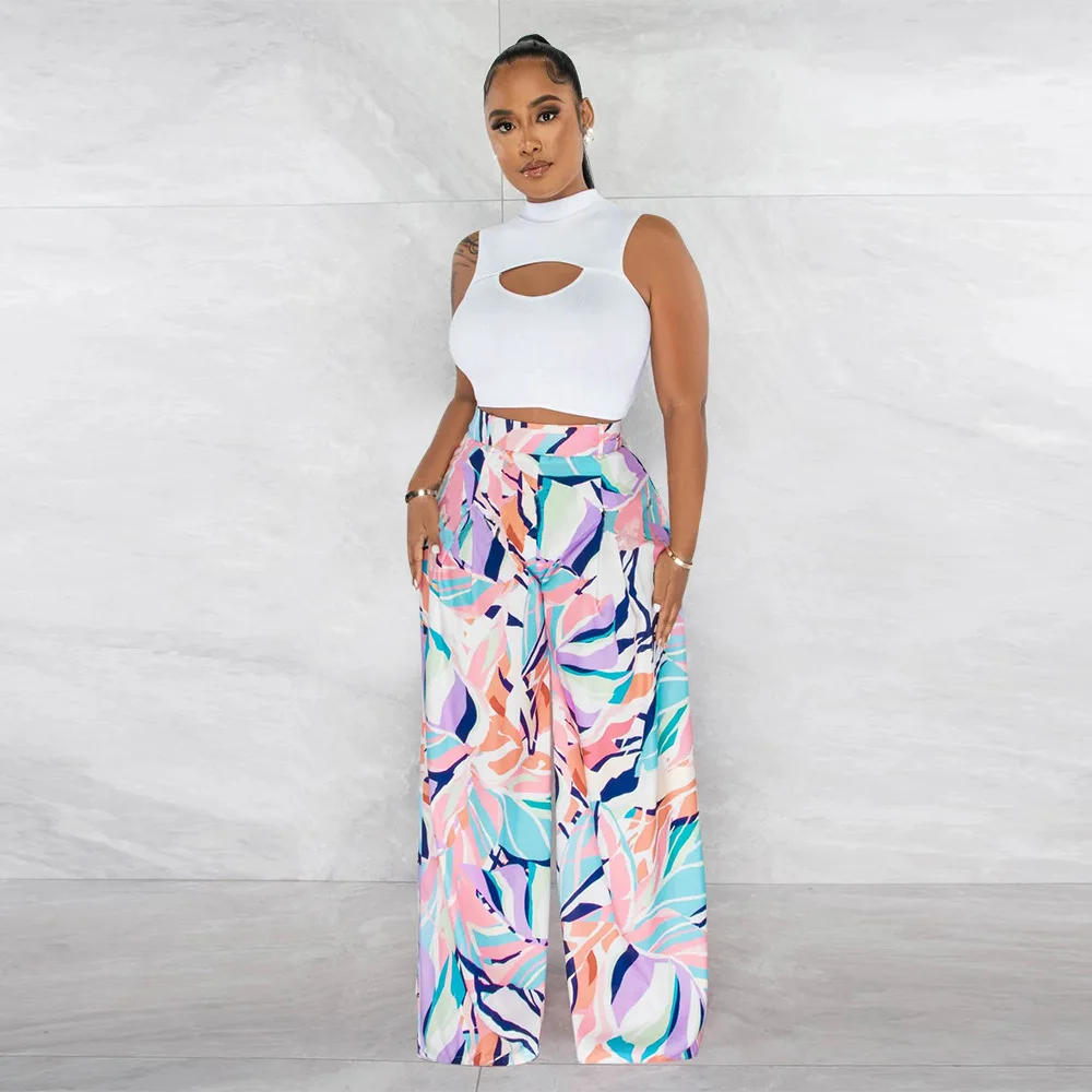 2023 New Women Summer Fashion Sexy Hot Girls Sleeveless Round Neck Hollow Short Tops Printed Wide Leg Pants Set 2 Piece Outfit
2023 New Women Summer Fashion Sexy Hot Girls Sleeveless Round Neck Hollow Short Tops Printed Wide Leg Pants Set 2 Piece Outfit
