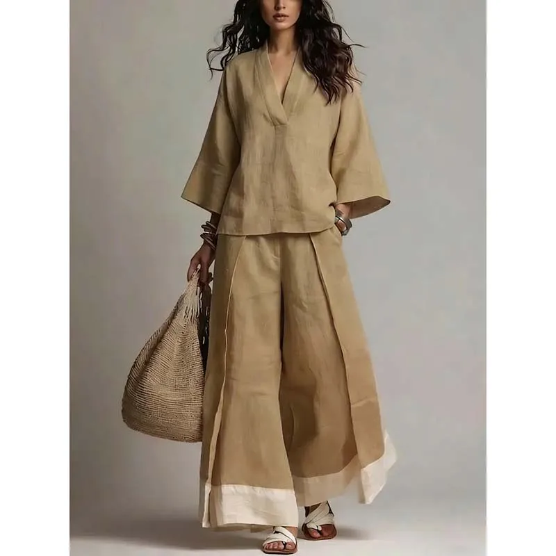 Summer Women V-neck Cotton Linen Set French Elegant Casual Loose Holiday Three-quarter Sleeve Wide Leg Pants Outfit Streetwear
Summer Women V-neck Cotton Linen Set French Elegant Casual Loose Holiday Three-quarter Sleeve Wide Leg Pants Outfit Streetwear