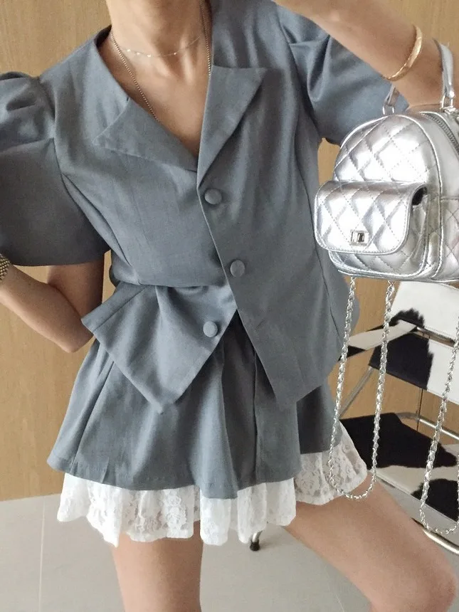 Fashionable Lace Patchwork Bubble Sleeve Short Jacket And Skirt Set for Women Summer Season Two-Piece Outfit Knot D...
Fashionable Lace Patchwork Bubble Sleeve Short Jacket And Skirt Set for Women Summer Season Two-Piece Outfit Knot D...