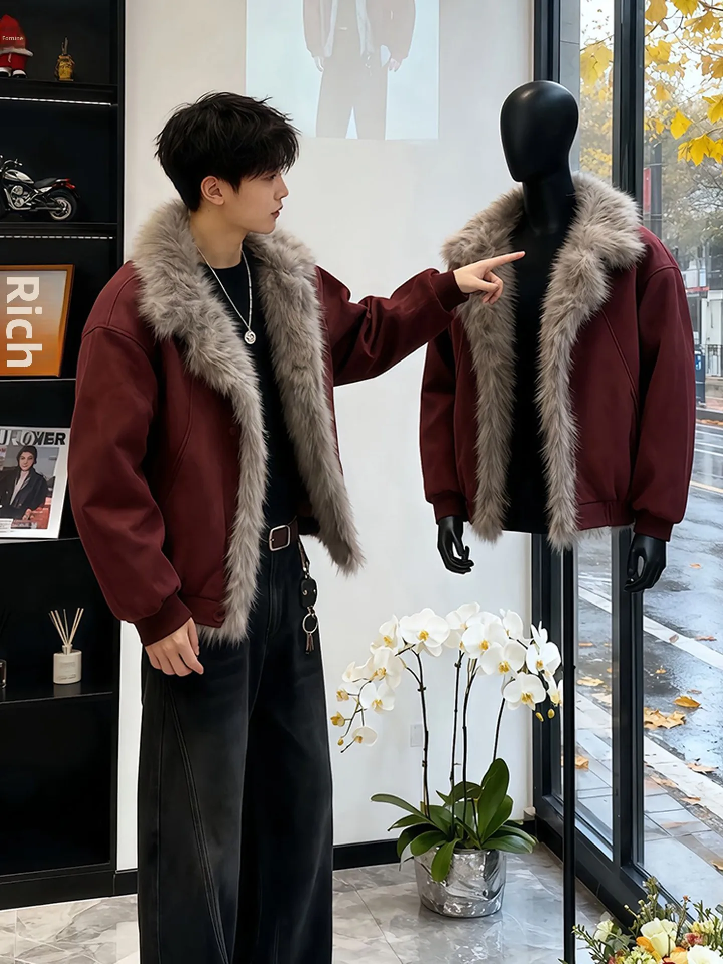 Red Wine Color Mountain Eagle Fur Collar Jaet Men's Winter Thiened ort Cotton Coat Youth Faion Stand Fit Pure Color
Red Wine Color Mountain Eagle Fur Collar Jaet Men's Winter Thiened ort Cotton Coat Youth Faion Stand Fit Pure Color