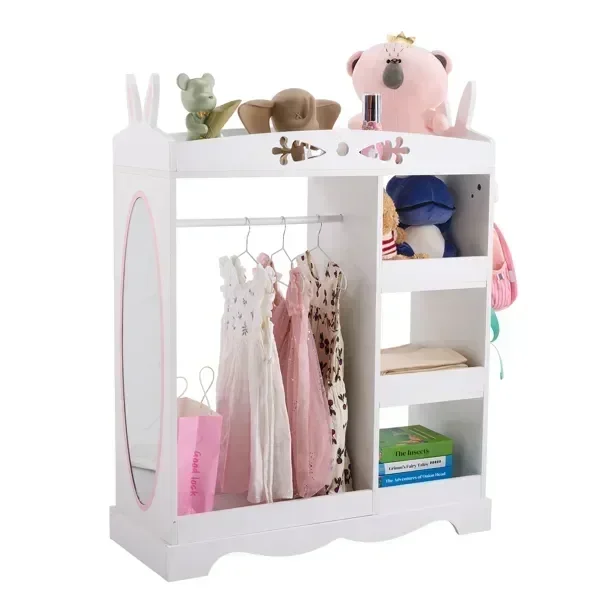 White MDF + Particleboard Children's Wardrobe with 1 Mirror, 3 Shelves, and 1 Clothes Rod; Rabbit Ear Design
White MDF + Particleboard Children's Wardrobe with 1 Mirror, 3 Shelves, and 1 Clothes Rod; Rabbit Ear Design