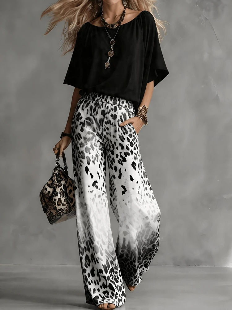 Women's Elastic Waist Wide Leg Pants O-Neck Half Sleeve Pullover Top 2PCS Set Summer Holiday Loose Casual Outfit Streetwear 2026
Women's Elastic Waist Wide Leg Pants O-Neck Half Sleeve Pullover Top 2PCS Set Summer Holiday Loose Casual Outfit Streetwear 2026