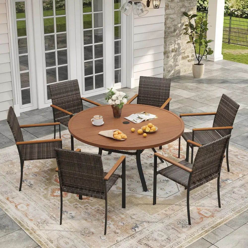 Round Outdoor Table and Chairs, 7 Pieces Patio Dining Set of Metal Patio Table with Umbrella Hole and 6 Wicker Patio Stackable
Round Outdoor Table and Chairs, 7 Pieces Patio Dining Set of Metal Patio Table with Umbrella Hole and 6 Wicker Patio Stackable