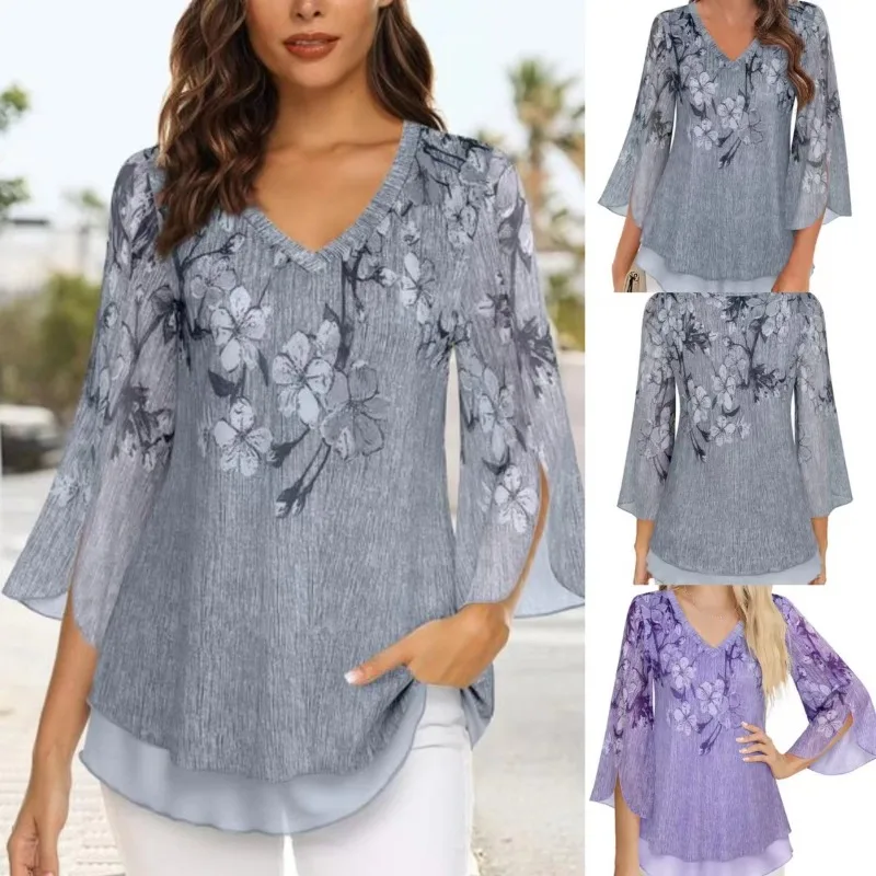 2024 Spring and Summer New Women's Tops Shirt Elegant Printing Temperament V-Neck Seven Sleeve Irregular Blouse
2024 Spring and Summer New Women's Tops Shirt Elegant Printing Temperament V-Neck Seven Sleeve Irregular Blouse