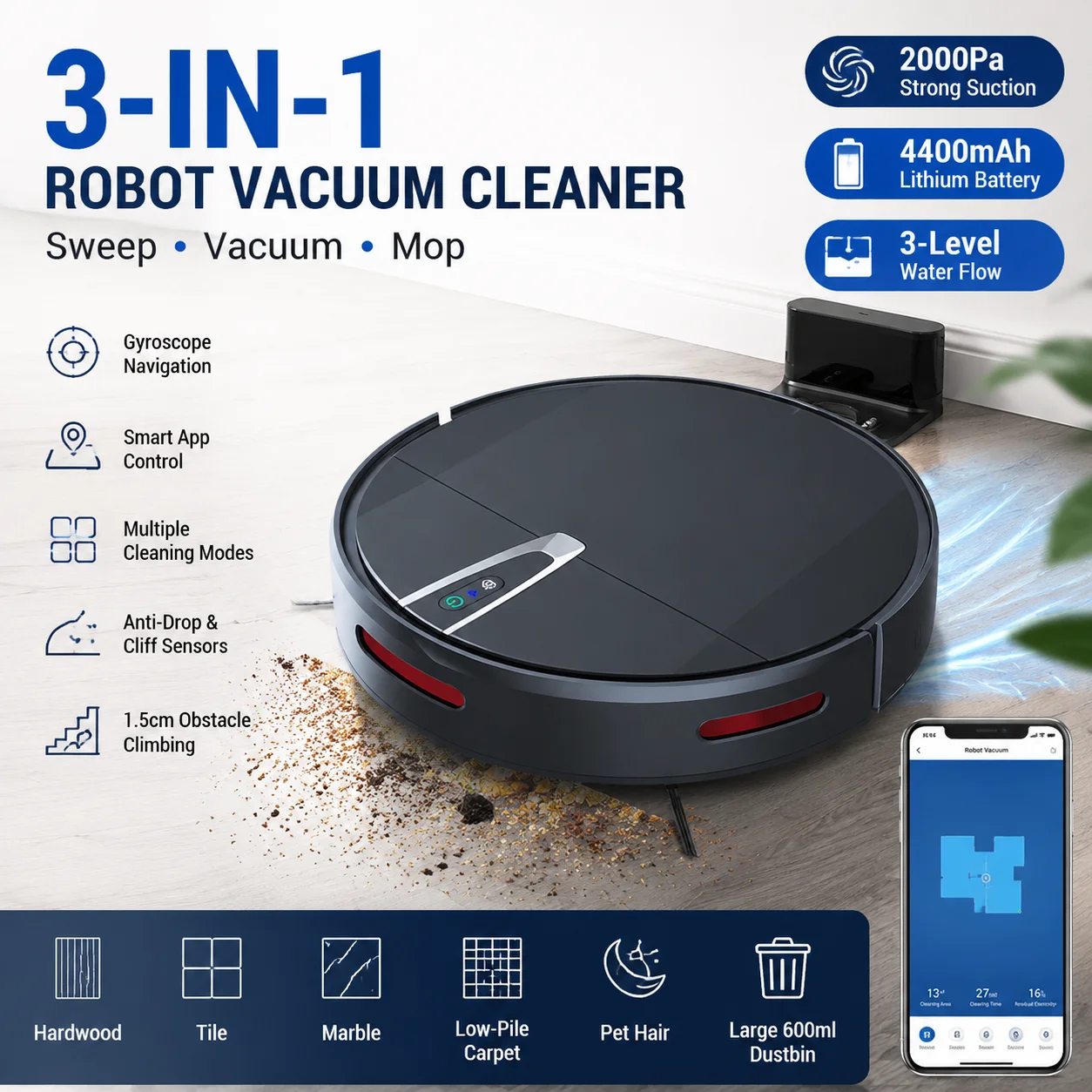 Home Robot Vacuum Cleaner with 2000 Pa Suction Wet & Dry Function Auto-Recharge Brushless Motor
Home Robot Vacuum Cleaner with 2000 Pa Suction Wet & Dry Function Auto-Recharge Brushless Motor