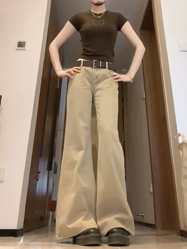 Khaki Flared Jeans Women's Low Waist Drapey Elastic Casual Vintage Style Loose Fit Zipper Closure Spring Summer New Arrival
Khaki Flared Jeans Women's Low Waist Drapey Elastic Casual Vintage Style Loose Fit Zipper Closure Spring Summer New Arrival