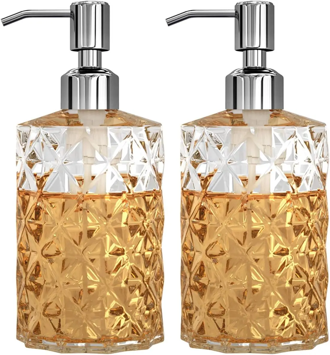 2-Pack Clear Diamond Glass Soap Dispensers, 12 Oz Refillable with Stainless Steel Pump for Kitchen & Bathroom
2-Pack Clear Diamond Glass Soap Dispensers, 12 Oz Refillable with Stainless Steel Pump for Kitchen & Bathroom