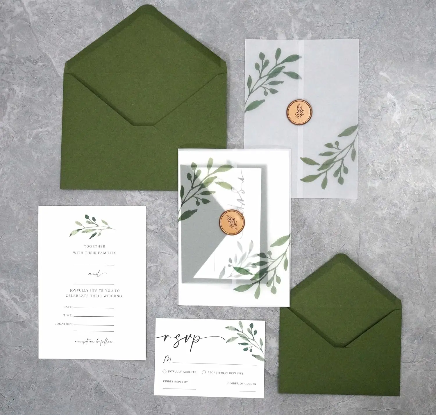 30 Greenery Wedding Invitations with Envelopes & RSVP Cards, 5x7 Fill-in, Vellum Wrap, Self Seal, Gold Wax Stickers
30 Greenery Wedding Invitations with Envelopes & RSVP Cards, 5x7 Fill-in, Vellum Wrap, Self Seal, Gold Wax Stickers