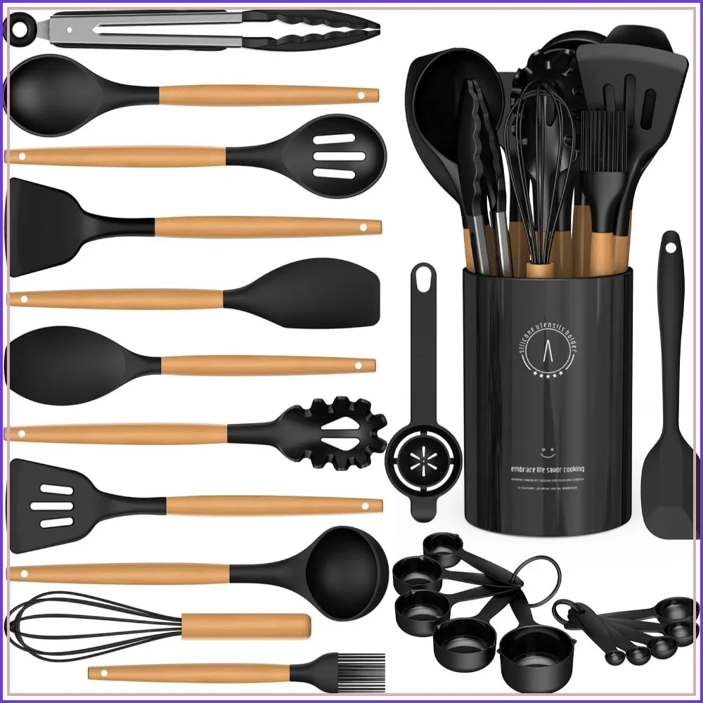 Silicone Cooking Utensils Set, 446°F Heat Resistant Kitchen Utensils with Wooden Handles, Non-Stick Cookware Safe, BPA Free (Black)
Silicone Cooking Utensils Set, 446°F Heat Resistant Kitchen Utensils with Wooden Handles, Non-Stick Cookware Safe, BPA Free (Black)