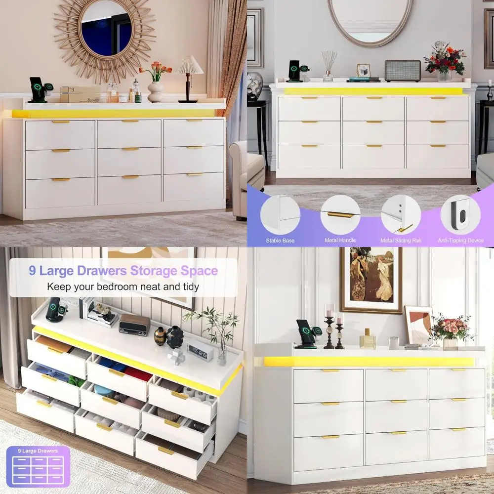 LED-lit White Bedroom Dresser with Power Outlet, Large Dressers and Chests for Storage, Wide Triple Dressers for Various Rooms
LED-lit White Bedroom Dresser with Power Outlet, Large Dressers and Chests for Storage, Wide Triple Dressers for Various Rooms