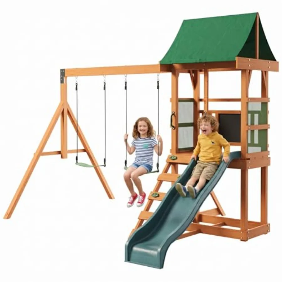 Backyard wooden swing set in green: 6 ft wave slide, play deck, rock wall ladder, 2 belt swings, chalkboard, canopy roof
Backyard wooden swing set in green: 6 ft wave slide, play deck, rock wall ladder, 2 belt swings, chalkboard, canopy roof