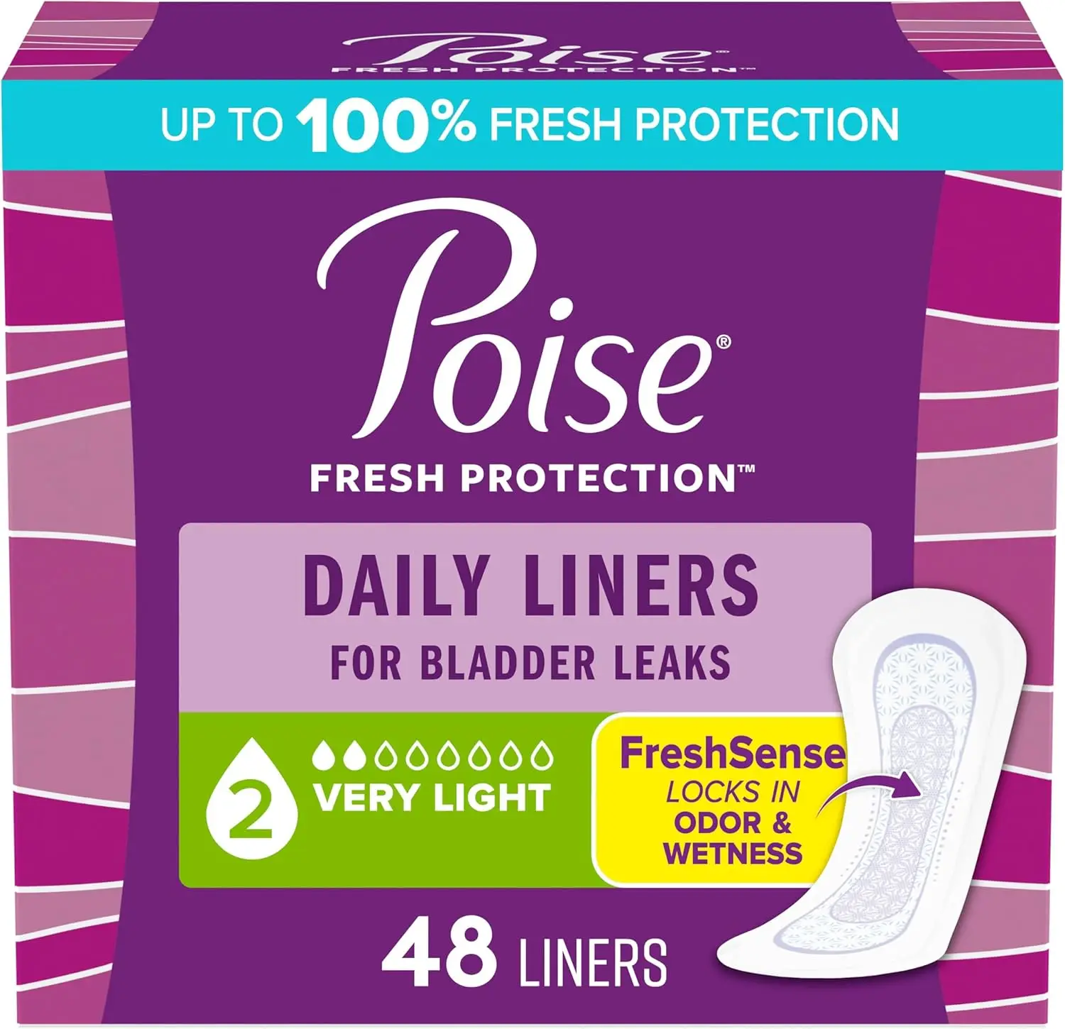 Poise Daily Liners, Incontinence Panty Liners for Bladder Leaks, 2 Drop Very Light Absorbency, Regular Length, 48 Count of Pantiliners, Packaging May Vary
Poise Daily Liners, Incontinence Panty Liners for Bladder Leaks, 2 Drop Very Light Absorbency, Regular Length, 48 Count of Pantiliners, Packaging May Vary