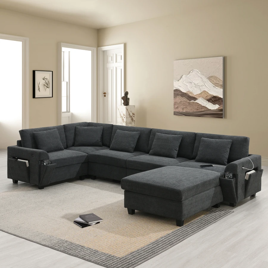 128*67" U Shaped Sectional Sofa 6 Seat Chenille Couch Set with Oversized Ottoman Hidden Armrest Storage and Cup Holders USB Cha
128*67" U Shaped Sectional Sofa 6 Seat Chenille Couch Set with Oversized Ottoman Hidden Armrest Storage and Cup Holders USB Cha