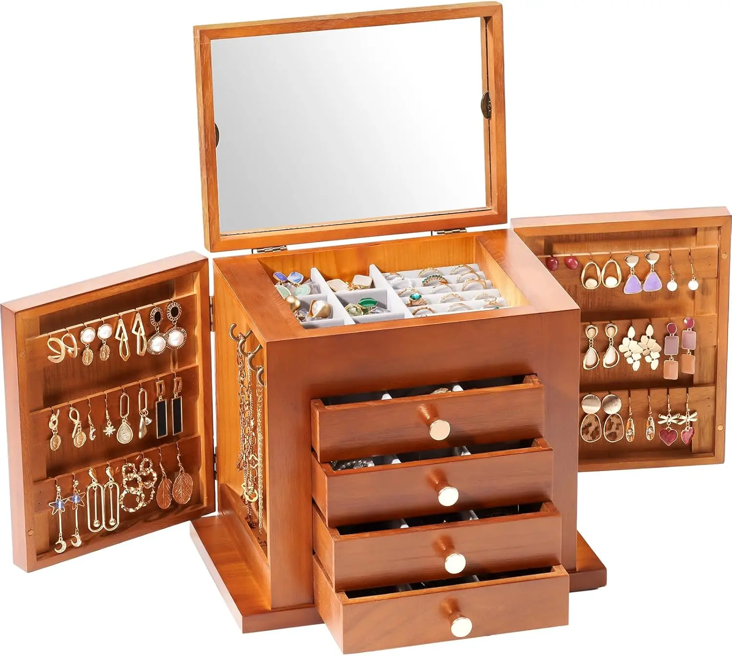 Large 5-Layer Wooden Jewelry Box for Women, Jewelry Organizer with Mirror and Necklace Hooks, Sturdy Storage Case for Earrings
Large 5-Layer Wooden Jewelry Box for Women, Jewelry Organizer with Mirror and Necklace Hooks, Sturdy Storage Case for Earrings