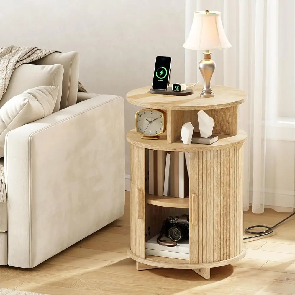 Round End Table with Charging Port, Sliding Door Side Table Storage, Traditional Nightstand for Living and Bedroom, Natural Fini
Round End Table with Charging Port, Sliding Door Side Table Storage, Traditional Nightstand for Living and Bedroom, Natural Fini
