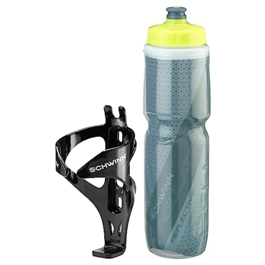 Bicycle water bottle holder combo: reflective insulated 26 oz bottle, BPA-free, dual-stage nozzle, easy squeeze, cage mounts to
Bicycle water bottle holder combo: reflective insulated 26 oz bottle, BPA-free, dual-stage nozzle, easy squeeze, cage mounts to