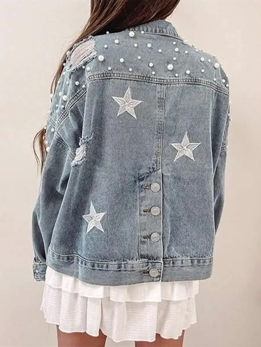 Womens Cropped Denim Jacket With Pearl Beading And Star Embroidery
Womens Cropped Denim Jacket With Pearl Beading And Star Embroidery