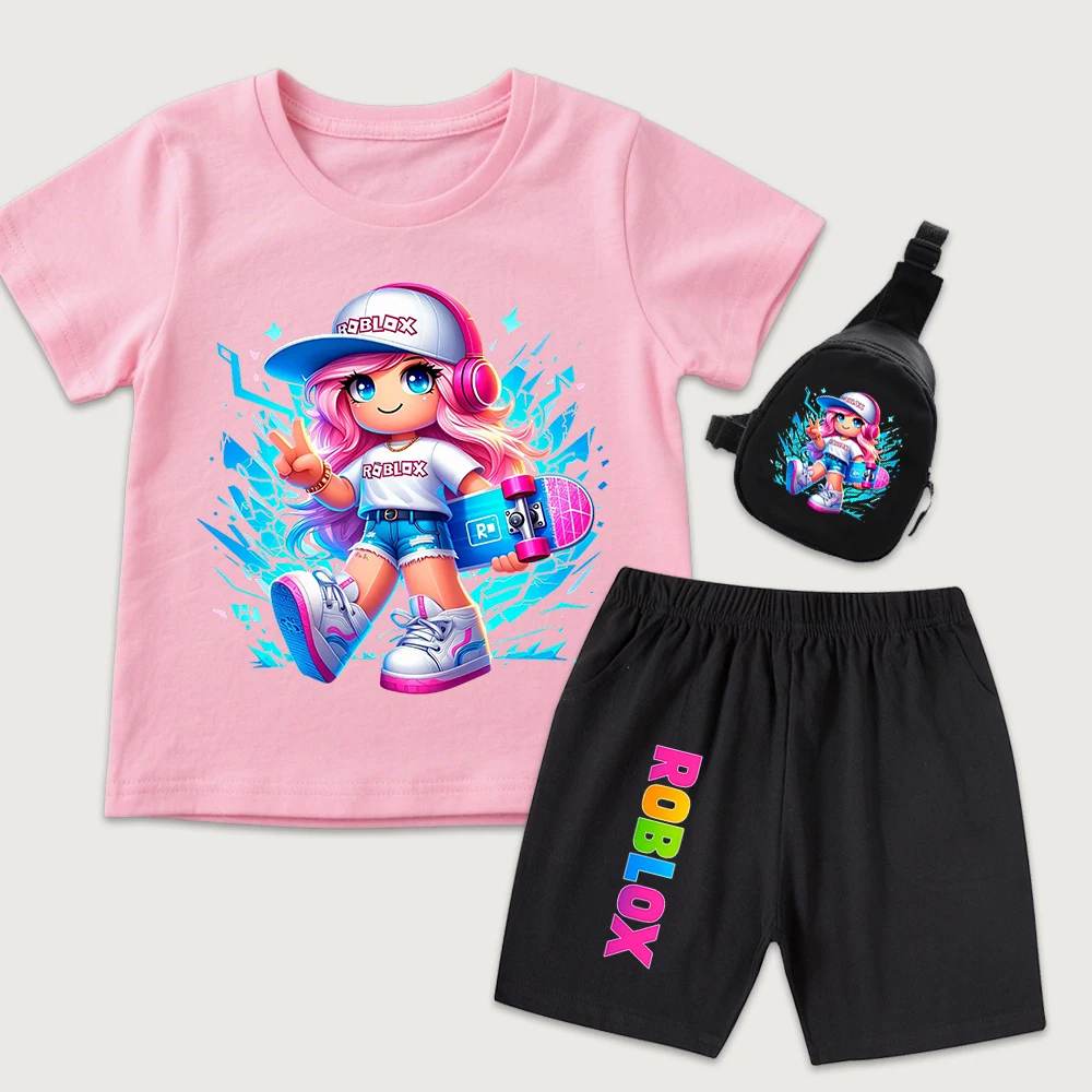 Комплект футболок Roblox для девочек, хлопковый топ с короткими рукавами и шорты с мини-сумочкой, комплект из трех предметов, летняя детская одежда с милым принтом
Комплект футболок Roblox для девочек, хлопковый топ с короткими рукавами и шорты с мини-сумочкой, комплект из трех предметов, летняя детская одежда с милым принтом