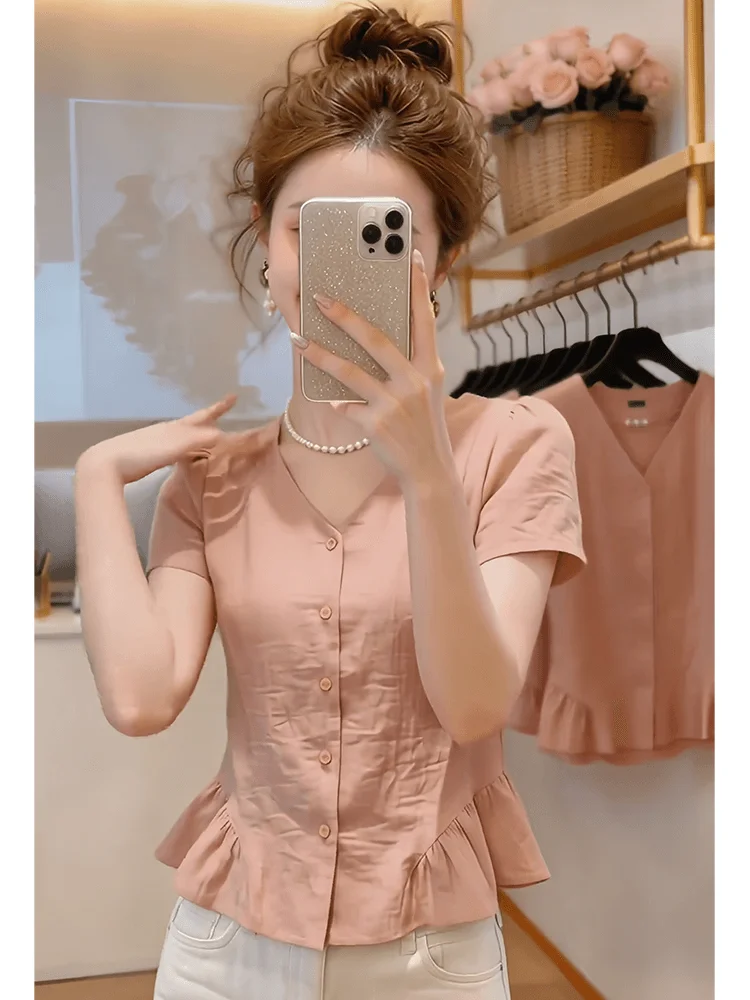 plus Size Ruffle Sleeve Short Sleeve Shirt Women's V-Neck Slim Fit Casual Style Polyester Fiber Summer New Arrival Top
plus Size Ruffle Sleeve Short Sleeve Shirt Women's V-Neck Slim Fit Casual Style Polyester Fiber Summer New Arrival Top