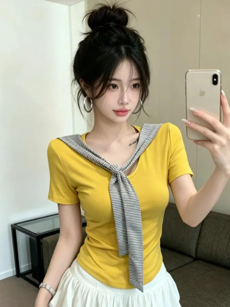 College Style Stripe Shoulder Wrap Short Sleeve T-Shirt Women's Summer New Waist Cinching Slimming Top
College Style Stripe Shoulder Wrap Short Sleeve T-Shirt Women's Summer New Waist Cinching Slimming Top