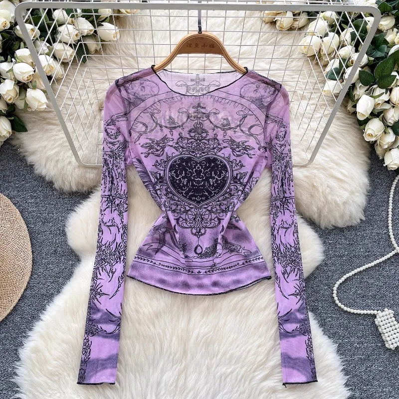 O Neck Long Sleeve Sexy Slim Women T-shirts Y2k Clothes Age Reducing Unique Tees Mesh Flower Print Slightly Transparent Tops
O Neck Long Sleeve Sexy Slim Women T-shirts Y2k Clothes Age Reducing Unique Tees Mesh Flower Print Slightly Transparent Tops