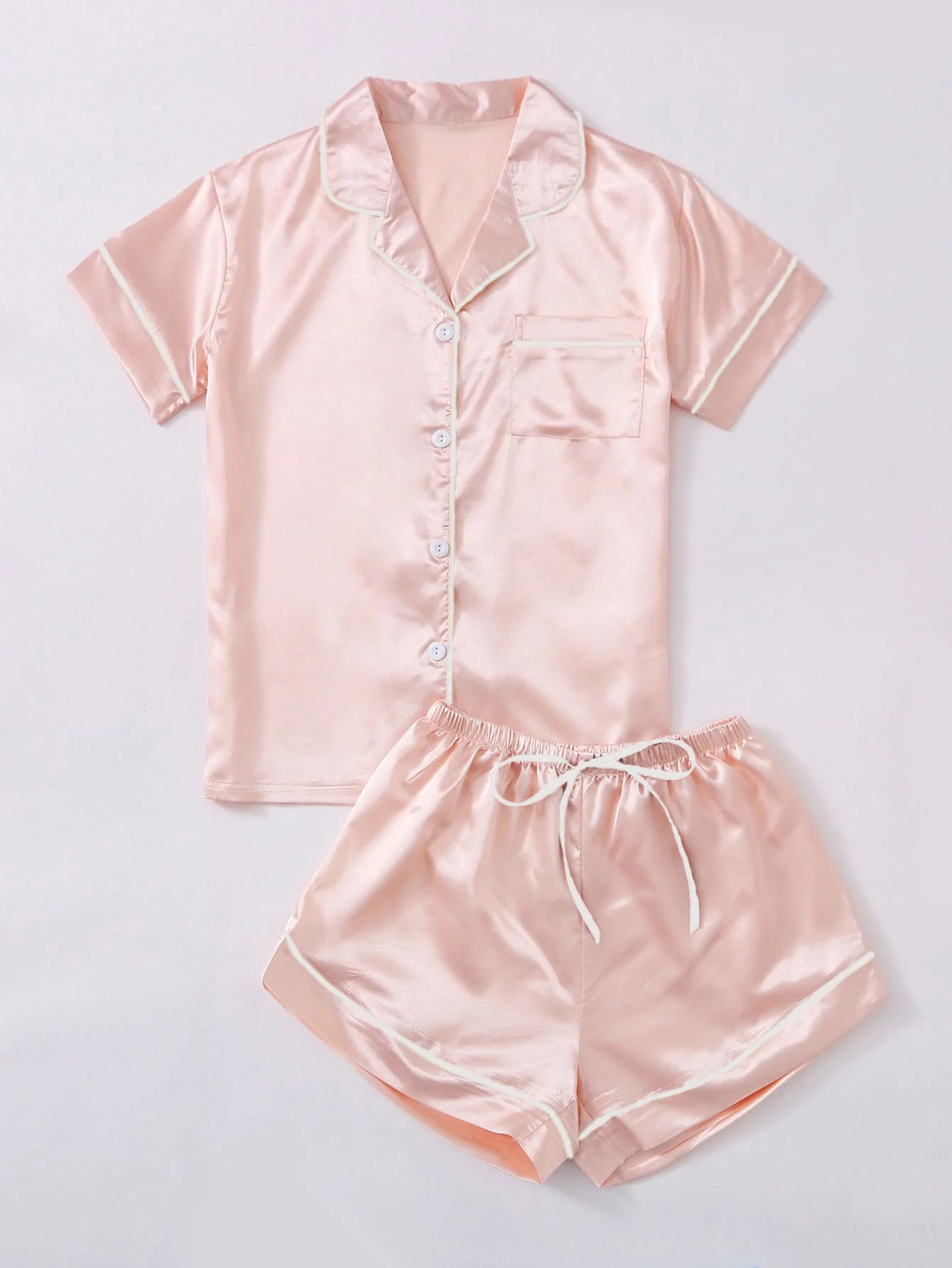 Satin Button Front Pajama Set With Contrast Piping
Satin Button Front Pajama Set With Contrast Piping