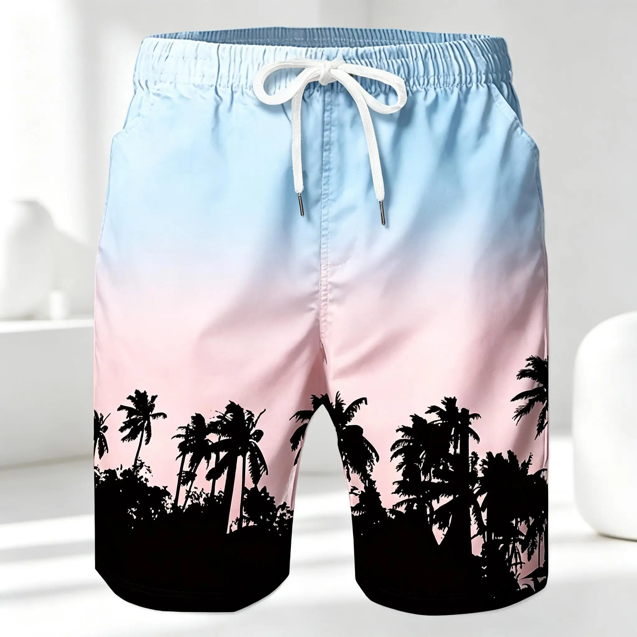Men's Drawstring Waist Blue-Pink Gradient Palm Tree Print Casual Shorts, Beachwear Bottoms For Spring Summer Daily Wear
Men's Drawstring Waist Blue-Pink Gradient Palm Tree Print Casual Shorts, Beachwear Bottoms For Spring Summer Daily Wear