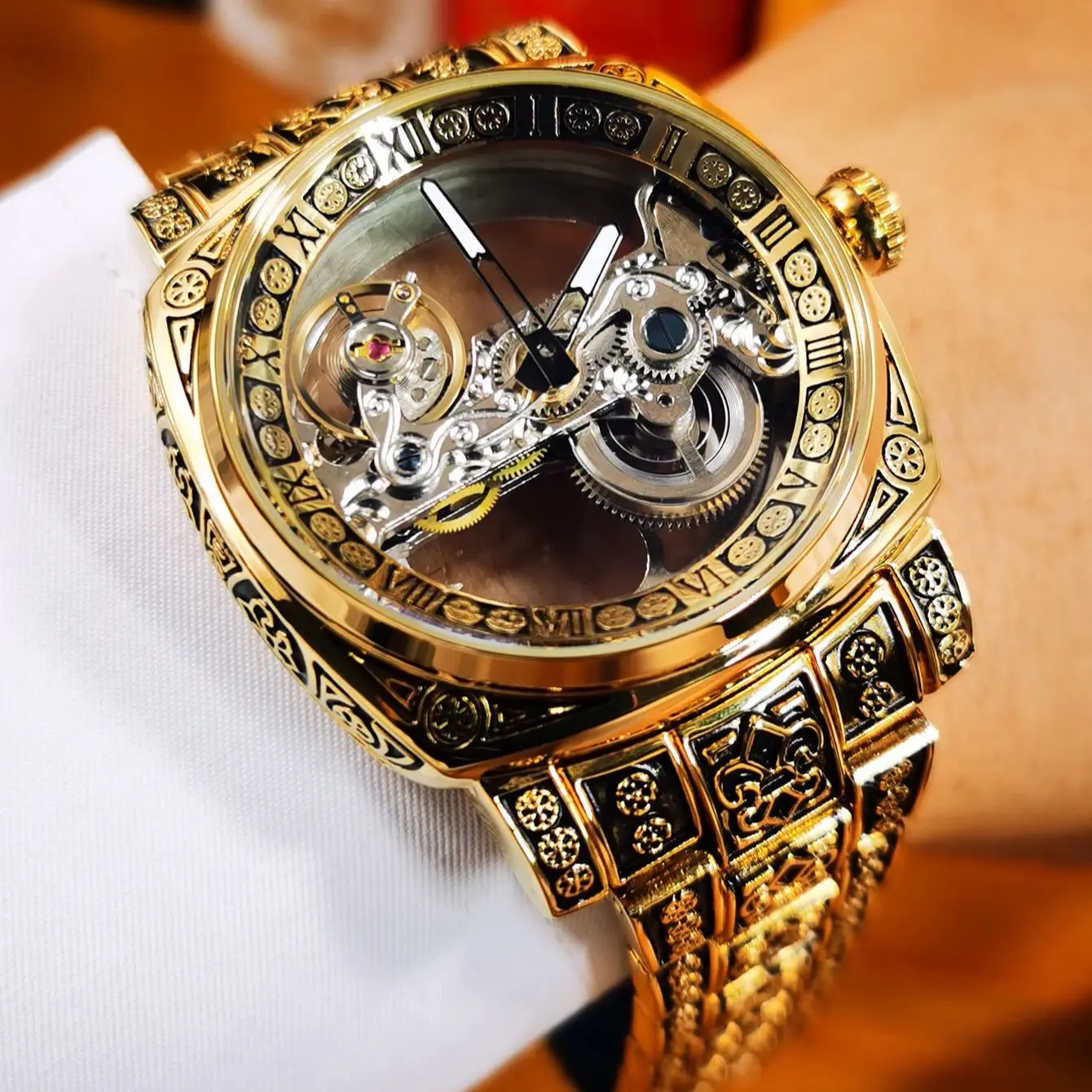 Forsining Retro Engraved Skeleton Automatic Watch for Men Golden Bridge Luminous Hands Steel Strap Luxury Mechanical Watches New
Forsining Retro Engraved Skeleton Automatic Watch for Men Golden Bridge Luminous Hands Steel Strap Luxury Mechanical Watches New
