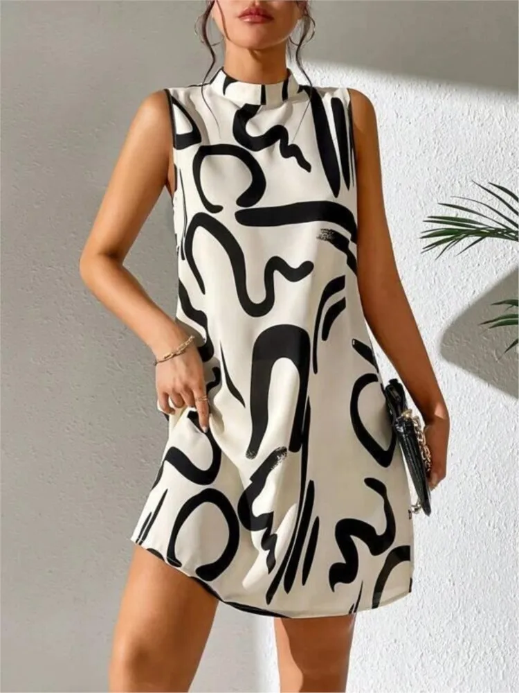 Summer Sleeveless Print Dress For Women 2025 New Loose Casual Half Turtle Neck Mini Dress 2024 Fashion Elegant Office Lady Dress
Summer Sleeveless Print Dress For Women 2025 New Loose Casual Half Turtle Neck Mini Dress 2024 Fashion Elegant Office Lady Dress
