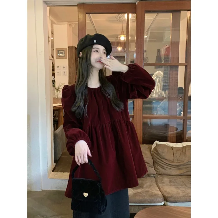 Red round Ne Bubble Sve Loose Velvet irt Women's Ele Folded Head over Footwear Casual Comfortable Long Sve irt
Red round Ne Bubble Sve Loose Velvet irt Women's Ele Folded Head over Footwear Casual Comfortable Long Sve irt