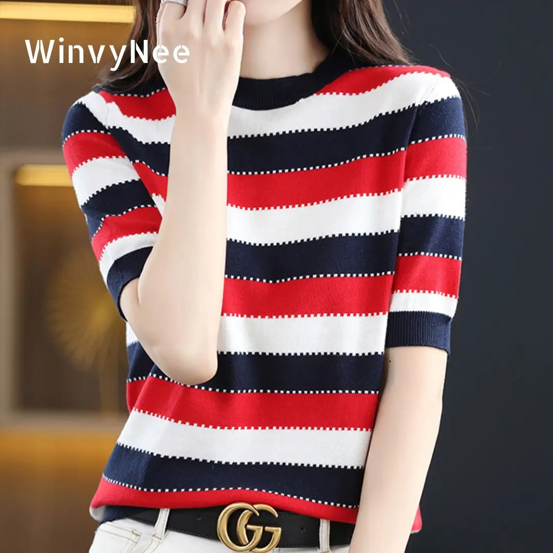 WinvyNee Spring Women Cotton Striped Knitted T Shirts Women Clothes Tops Short Sleeve O neck Sweater Basic Pullovers A1002016
WinvyNee Spring Women Cotton Striped Knitted T Shirts Women Clothes Tops Short Sleeve O neck Sweater Basic Pullovers A1002016