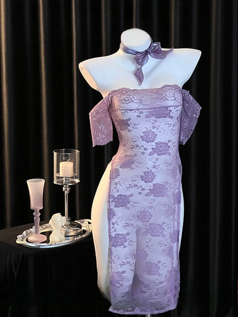 Wild Rose Lace Mesh Off-Shoulder See-Through Long Dress,Mature Slit Sleeping Dress for Women,Romantic Seductive Style with Hot
Wild Rose Lace Mesh Off-Shoulder See-Through Long Dress,Mature Slit Sleeping Dress for Women,Romantic Seductive Style with Hot