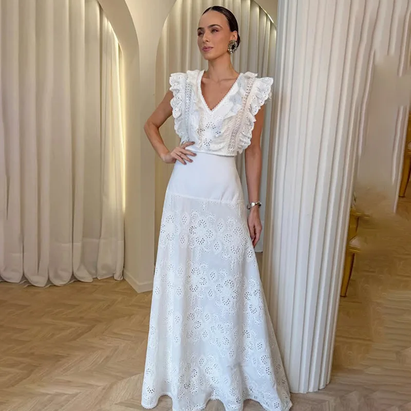 Elegant Lace Embroidery Skirt Set Woman 2025 Stylish High Quality White Hollow Out Ruched Top High Waisted Long Skirt 2piece Set
Elegant Lace Embroidery Skirt Set Woman 2025 Stylish High Quality White Hollow Out Ruched Top High Waisted Long Skirt 2piece Set