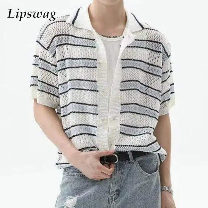 Outdoor Casual Breathable Knit Tops Mens Vintage Buttoned Lapel Striped Shirts Spring Summer Trendy Men Short Sleeve Cardigans
Outdoor Casual Breathable Knit Tops Mens Vintage Buttoned Lapel Striped Shirts Spring Summer Trendy Men Short Sleeve Cardigans
