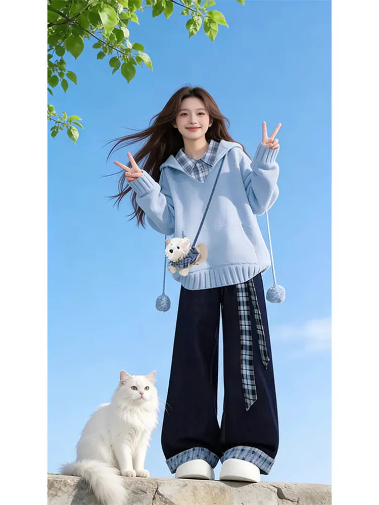 Blue Knitted Sweater Women's Faion Set with Plaid irt And Wide Leg Jeans Autumn Winter Casual Sle Tee Piece Suit
Blue Knitted Sweater Women's Faion Set with Plaid irt And Wide Leg Jeans Autumn Winter Casual Sle Tee Piece Suit
